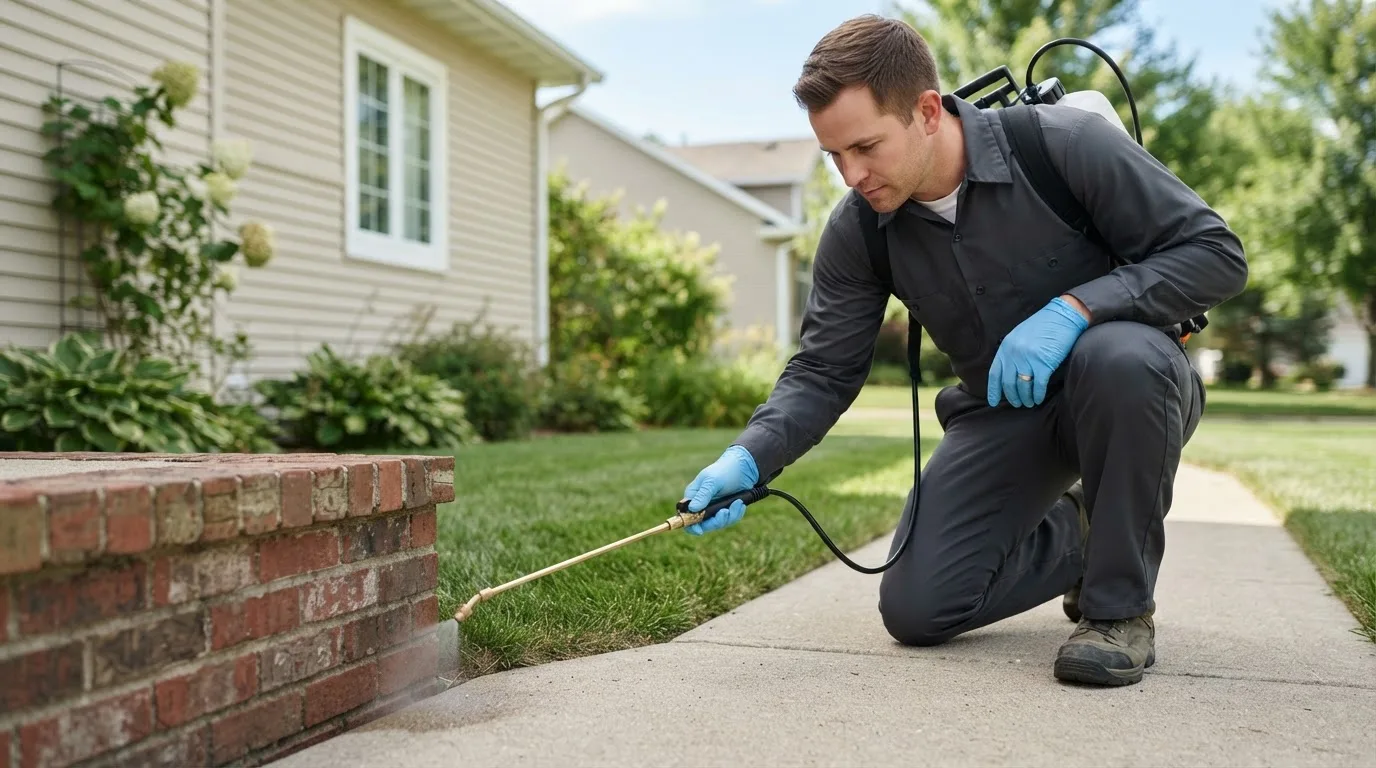 Pest control technician treating a home near Rapid City, MI